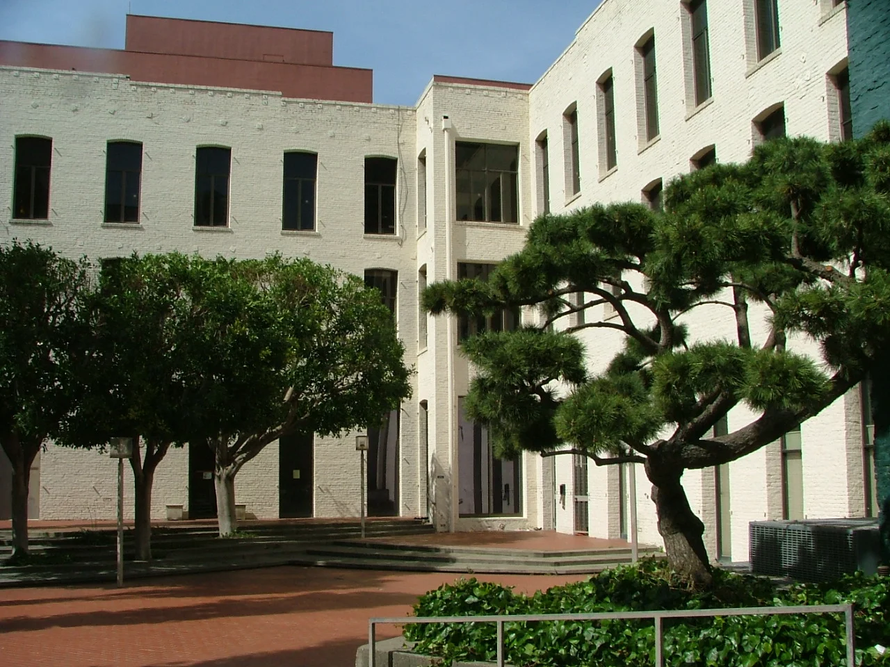 A courtyard with trees and brick pavement in front of a white brick building with multiple windows.