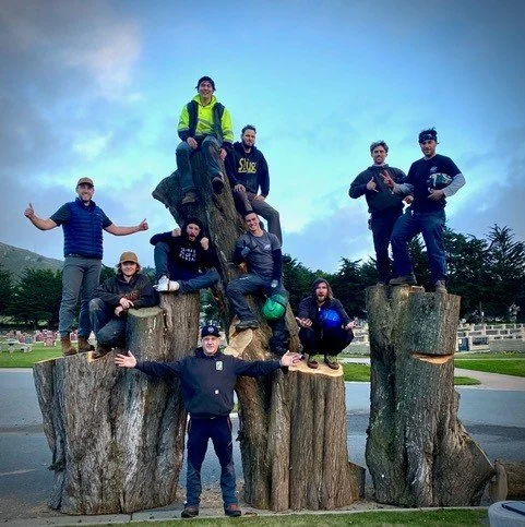 Group of ten people posing on and around large tree stumps outdoors, some standing and some sitting, with a cloudy sky and a park in the background.