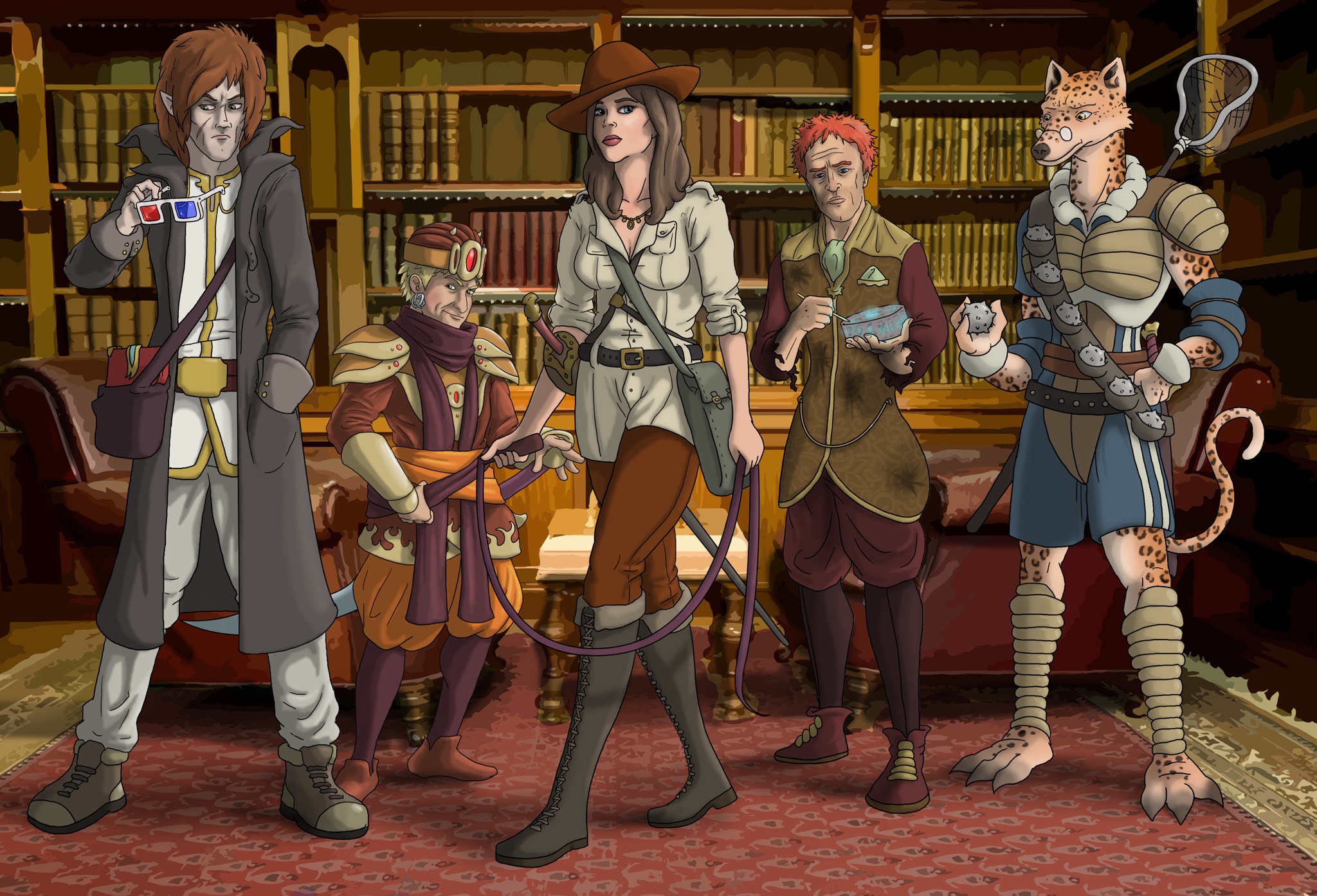 L-R: Warlock, Fighter, Rogue, Wizard, and a new character who hasn't told us his class yet. 