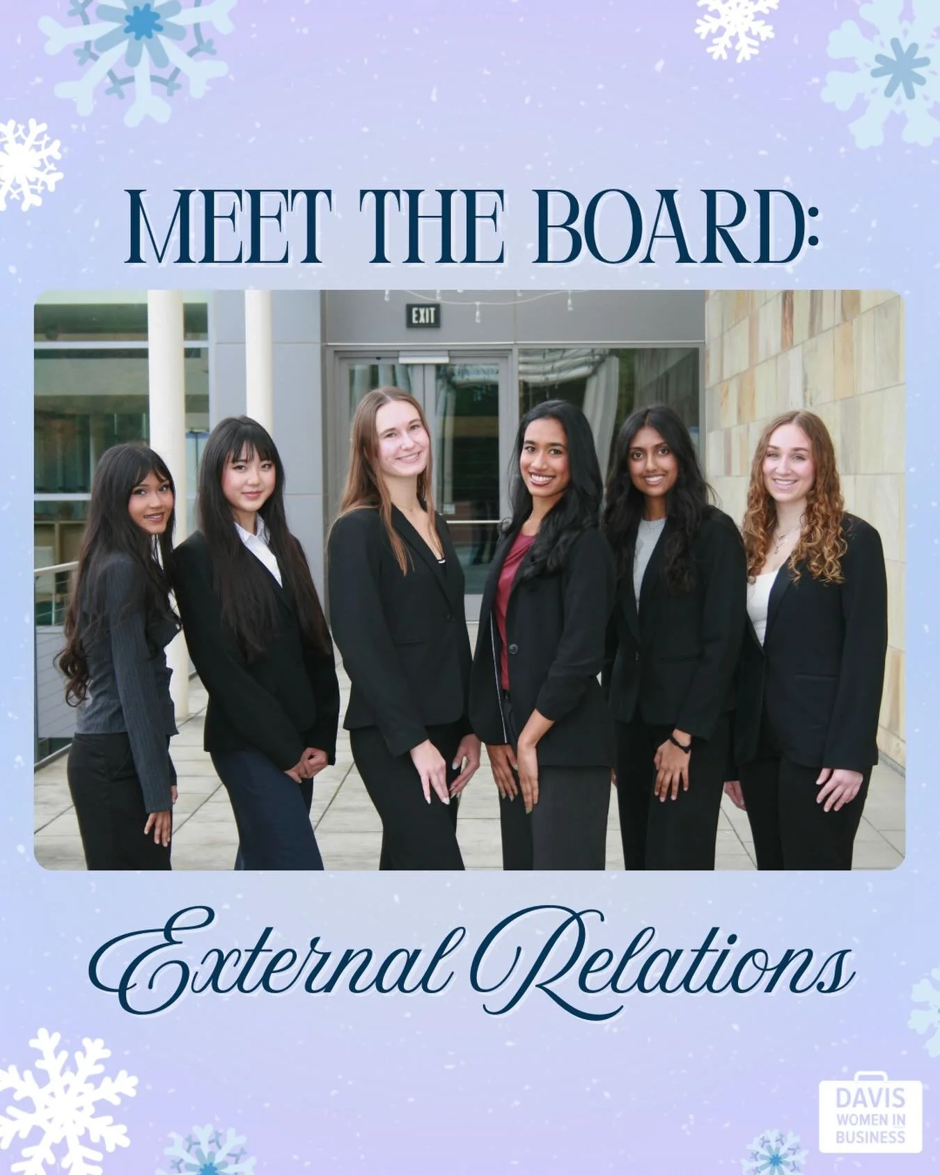 Meet our 2025-2026 External Relations board! 🤝

The External Relations board is responsible for outreach to community members such as volunteer organizations, student organizations, WIB chapters, and DWIB alumni. 

📸 From left to right: Myreen Hawl