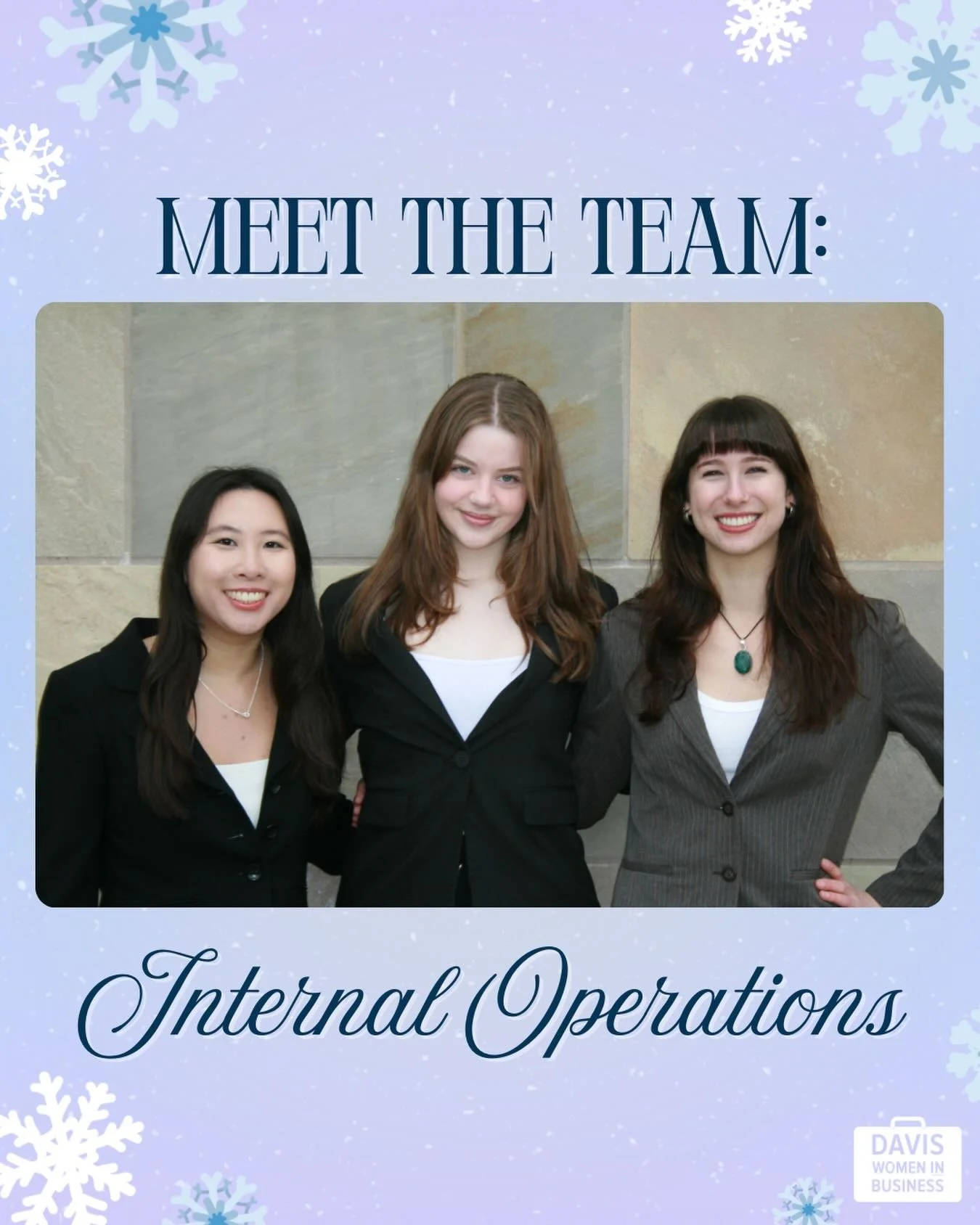 Meet our 2025-2026 Internal Operations team! ⚙️

The Internal Operations team, comprised of our President, Administrative Director, and Operations Director, oversee all seven boards, run the DWIBtern Program, and ensure all DWIB operations run smooth
