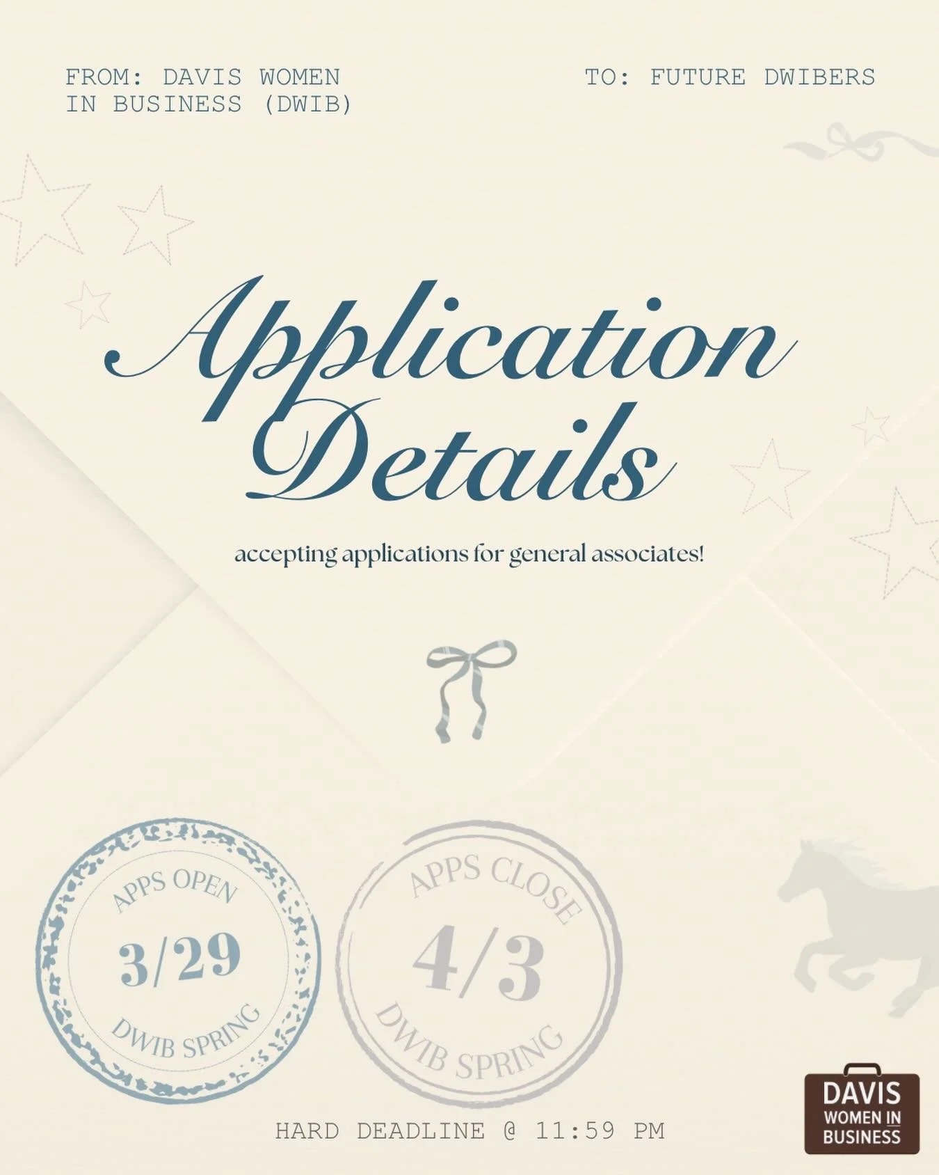 Are you ready? Spring Recruitment applications open in just over 3 days! 🤯🌷

🎀 All candidates are required to submit an online application to be considered to join DWIB as an associate! This application consists of a few short questions about your