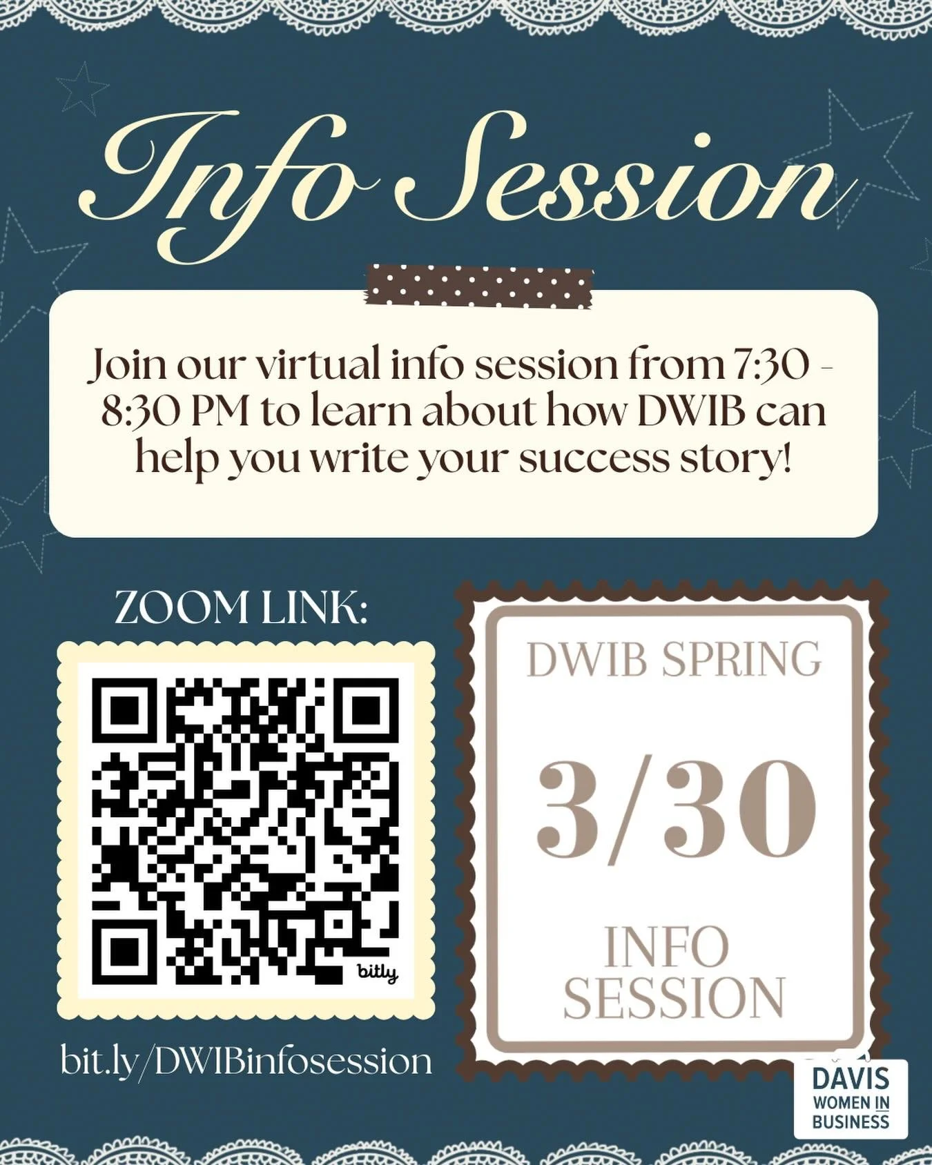 It&rsquo;s almost Recruitment Week! 💌

This Monday, join DWIB directors for a virtual info session to learn more about what DWIB is and how we can help support your personal and professional story! 📖🤝

📅 Monday (3/30) 7:30-8:30 PM on Zoom (link c