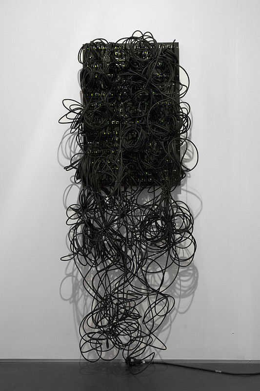 Data and Dragons: Kilohydra, 2014, custom designed PCB boards, ethernet patch cables, 80/20 aluminum installation: 75 x 23.75 x 20 in / 190.5 x 60.3 x 50.8 cm, Photo by John Berens for bitforms gallery, New York City, United States