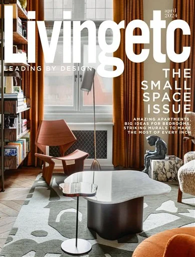 Livingetc April 2024 magazine cover featuring a stylish small living room with a sculptural coffee table, lounge chairs, floor lamp, bookshelves, and brown curtains.