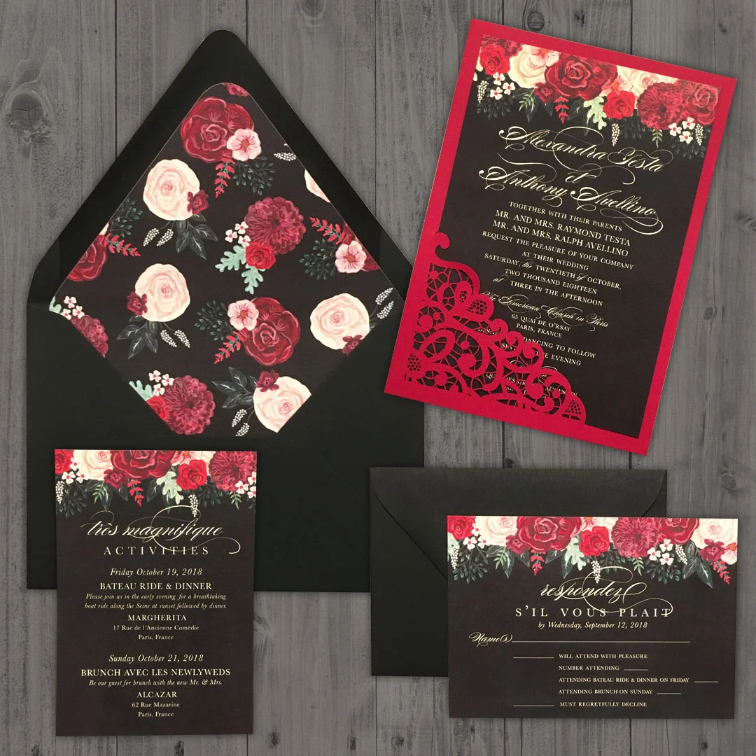 Custom wedding invitation suite featuring hand-painted flowers.