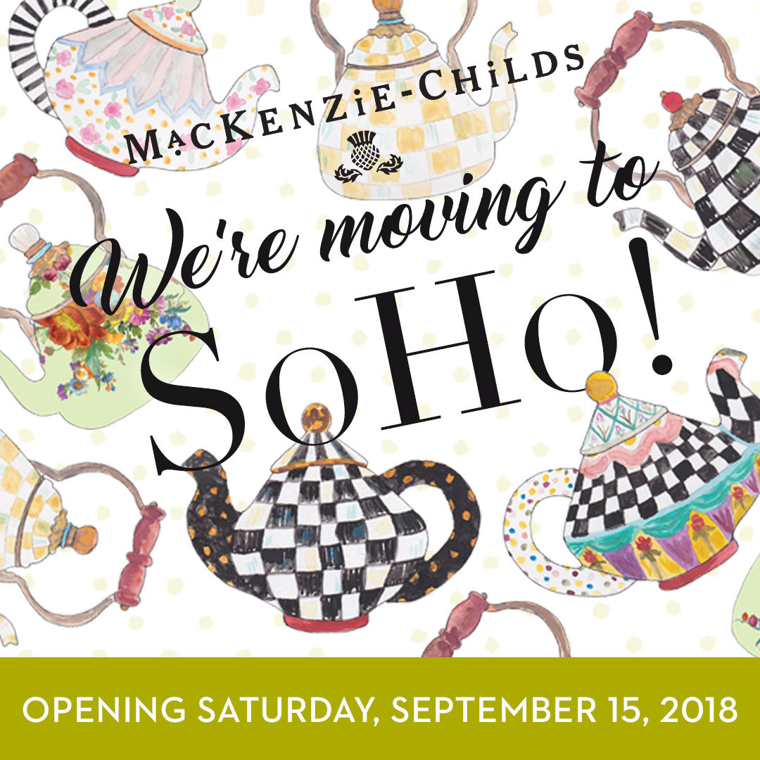 MacKenzie-Childs social media image featuring hand-painted teapots and kettles.