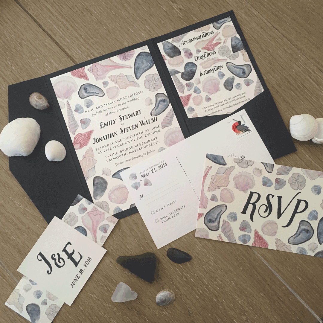 Custom invitation suite and place cards featuring hand-painted shells for a Cape Cod wedding.