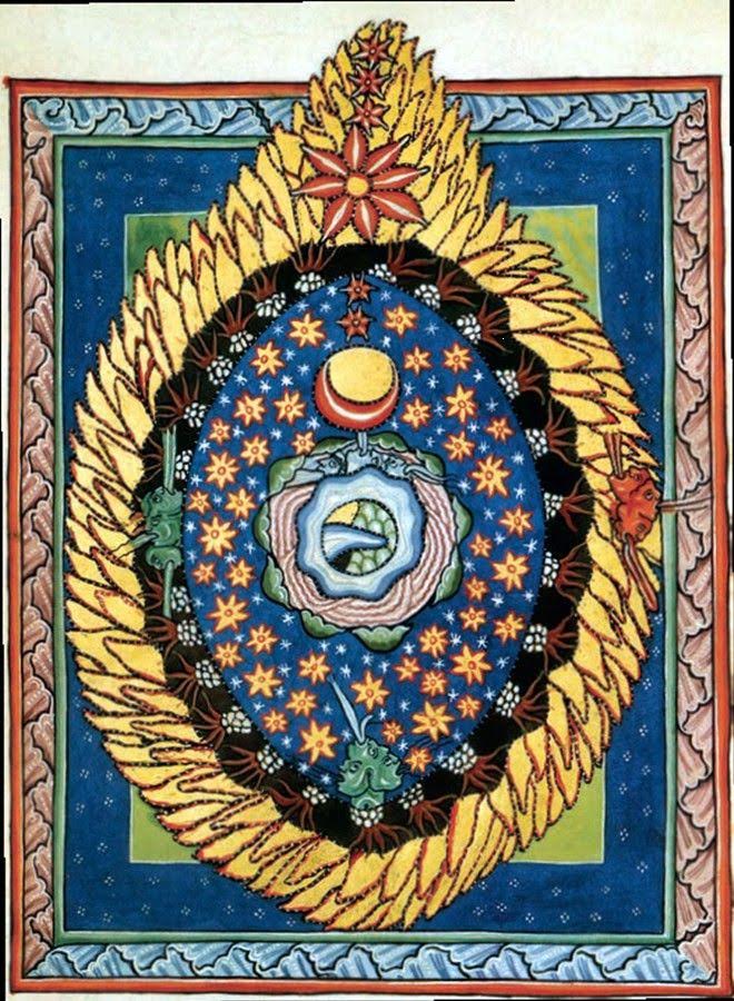 The twelfth-century mystic Hildegard of Bingen painted this image, portraying what she saw during one of her ecstatic experiences.