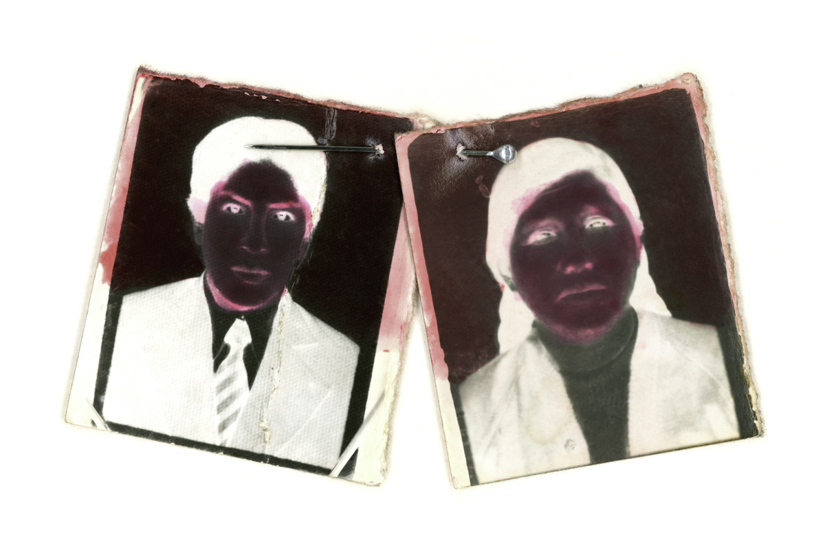 Under the Black Sun. Hand-painted toned gelatin silver prints, pin, Mercurochrome. Variable dimensions. Diptych.
