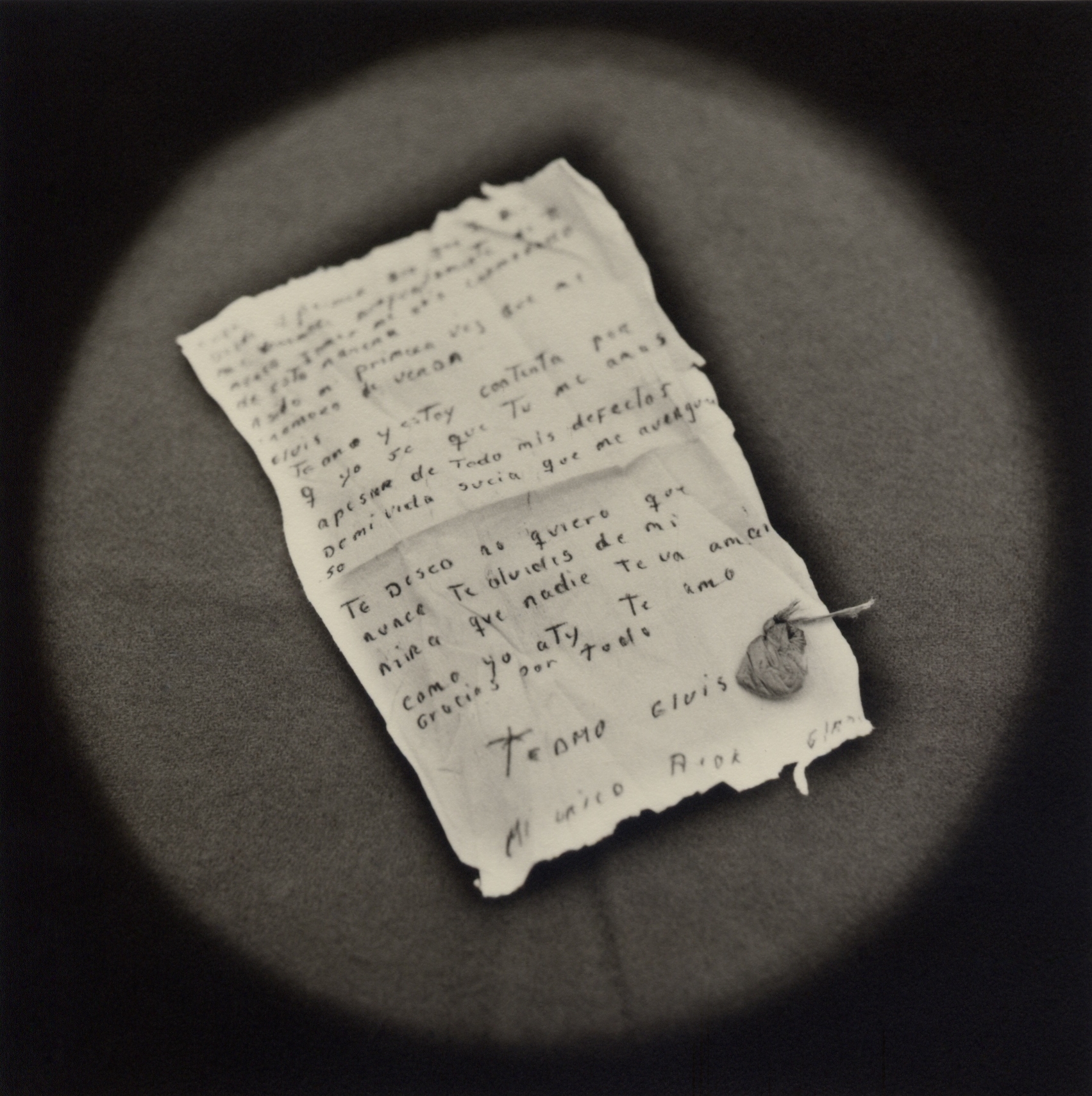   Incriminating love letter written by prostitute to her lover   Toned gelatin silver print.   16 x 16 in. (40 x 40 cm.) 