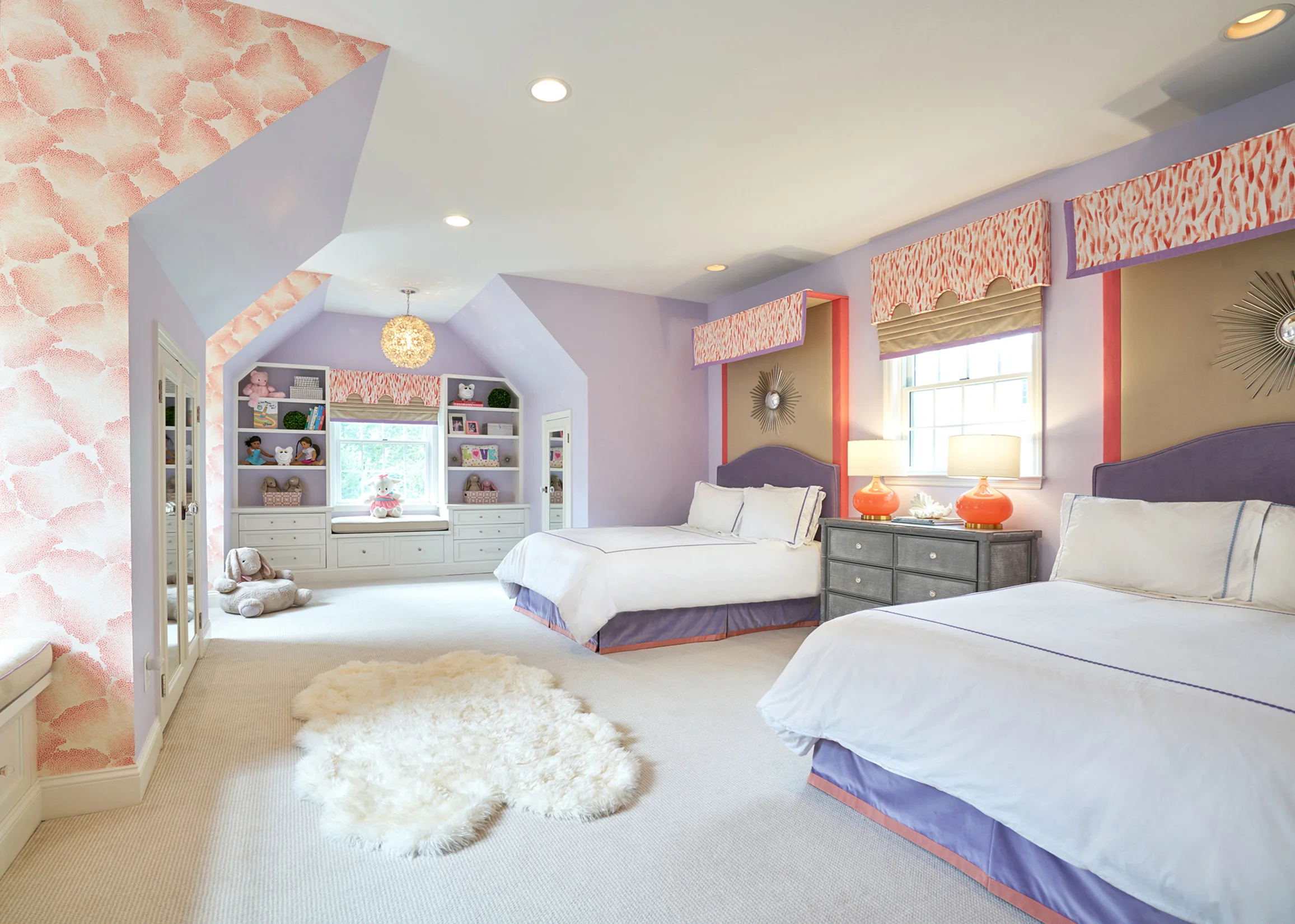 Wallpaper highlights the architecture of this youthful bedroom.