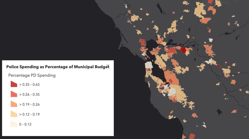 Figure showing variability in Police Spending (% of municipal budget) in Northern California in 2017. Data from California State Controller's Cities Finances Data, 2017 (City and police spending information). For more information see the Story Map here . 