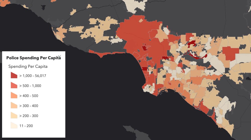 Figure showing variability in Police Spending (PEr capita) in Northern California in 2017. Data from California State Controller's Cities Finances Data, 2017 (City and police spending information). For more information see the Story Map here . 