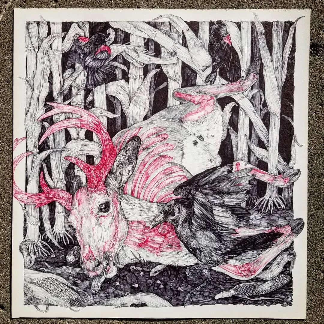 This lummucks is done! Allow me to introduce 'Husk' Ballpoint Pen, 2020. Not available for sale or print yet, but will be ready soon. Animals featured are about 2/3 scale, see final pics for size reference and summertime victorian goth glamour.

#bal