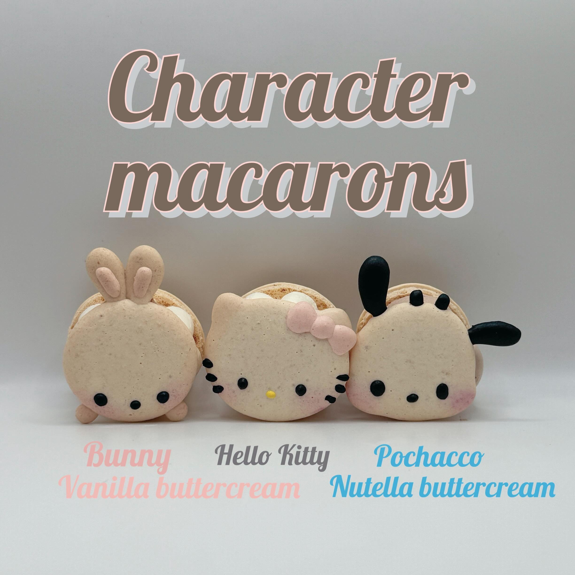 Character macarons!! New flavor, Nutella buttercream 😋 #charactermacarons #sanriomacarons #hellokitty #pochacco #oishiibakedgoods