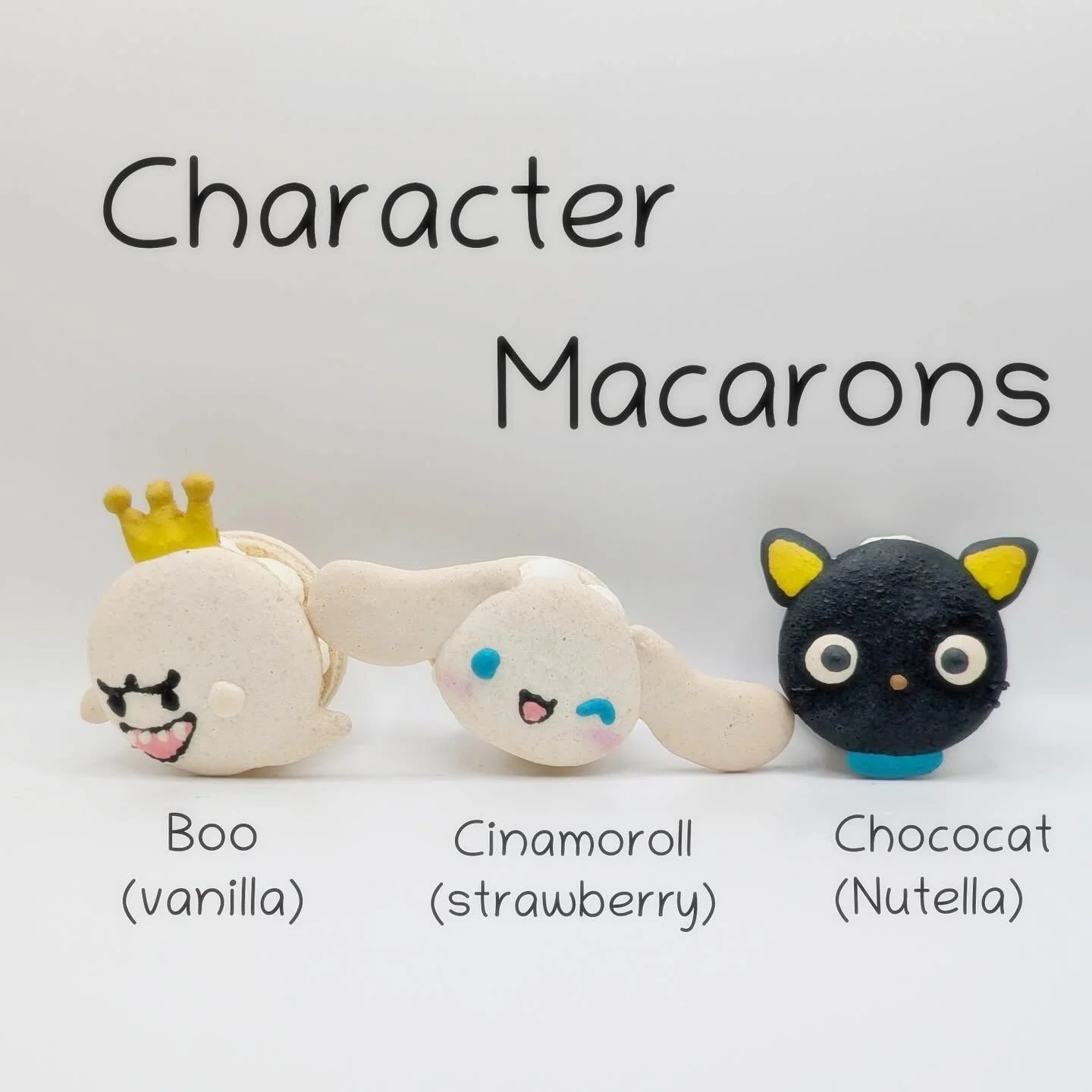 Sanrio fans out there? Well if not, there is always super Mario fans 👻 
#charactermacarons #oishiibakedgoods #cinamoroll #chococat #boo #kingboo #sanrio