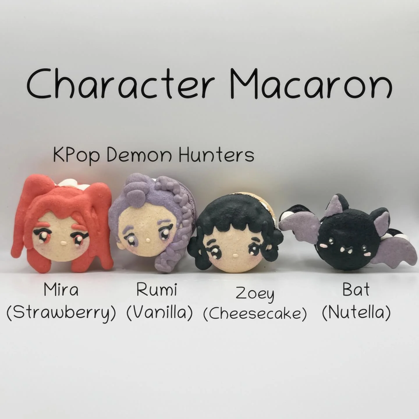KPop Demon Hunter macarons! Which song is your favorite from that show? —Also, back by popular demand, the cute bat. 
#oishiibakedgoods #charactermacarons #kpopdemonhunters #happyhalloween #rumi #mira #zoey