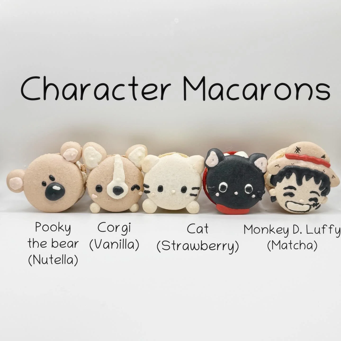 We have a good variety this time! Also, try the new matcha flavor 🍵 

#oishiibakedgoods #charactermacarons #onepiece #luffy #pooky #corgi #cats