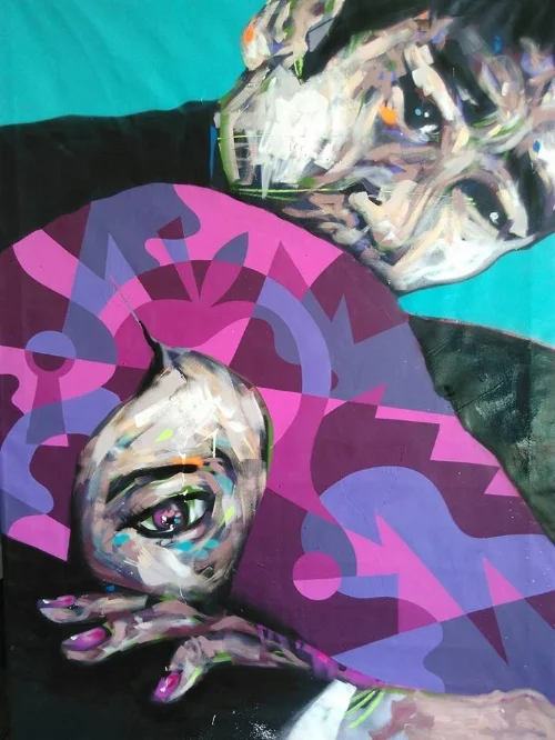 36 Chambers (2017) Acrylic and spray on canvas 155x 113 cm
