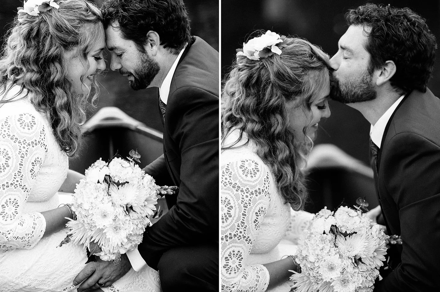 Black and white wedding portrait of a bride and groom following their outdoor wedding ceremony by Northern California wedding and portrait photographer Kate Donaldson Photography.