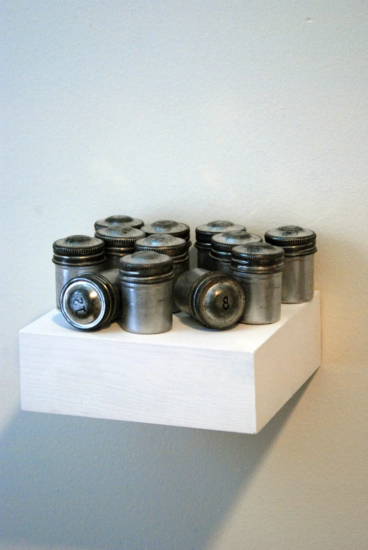 A Dozen Rolls of Film Documenting a Dozen Roses Dying Over a Dozen Days, 2009 (Exposed Film, Stamped Metal Canisters)
