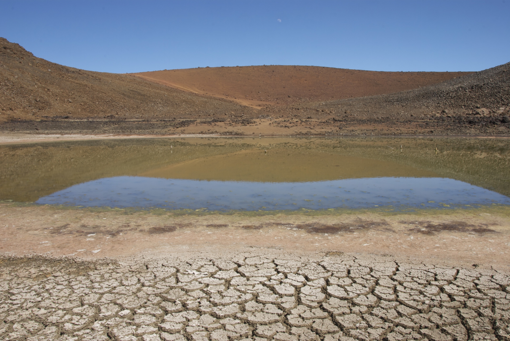 Lake Waiau, a high-elevation lake on Mauna Kea on the island of Hawaii, is a small oasis of water surrounded by water-stressed volcanic ash and cinders that evoke the nutrient and water limited regolith or surface of Mars. Image Credit: Gary King.