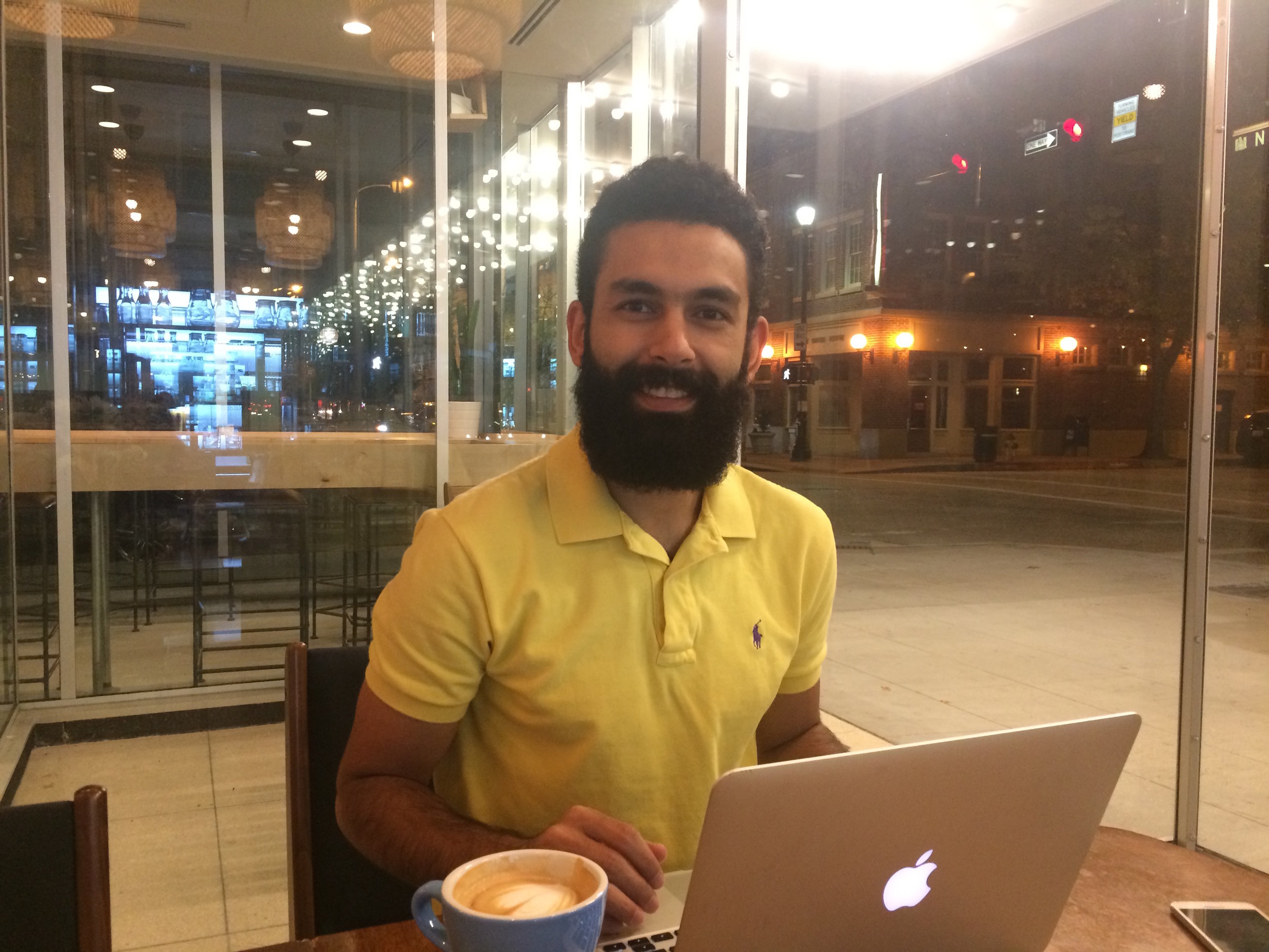 Misagh works on creating datasets from databases on Orphan diseases and FDA approved drugs from Drugbank websites during the LSU-Alabama game night at MagPie Cafe downtown Baton Rouge. "Campus is too crowded on game days so I need to grab the laptop and go to a coffeeshop! I love my research."