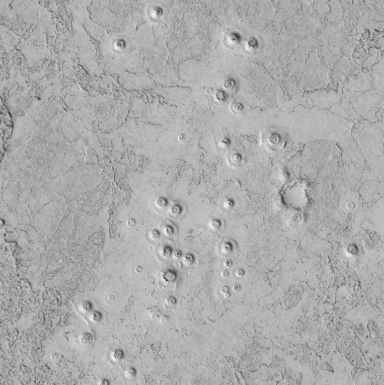 A series of spatially concentrated volcanic cones (much smaller than Elysium Mons). Credit: NASA HiRISE image, compliments of David Susko.