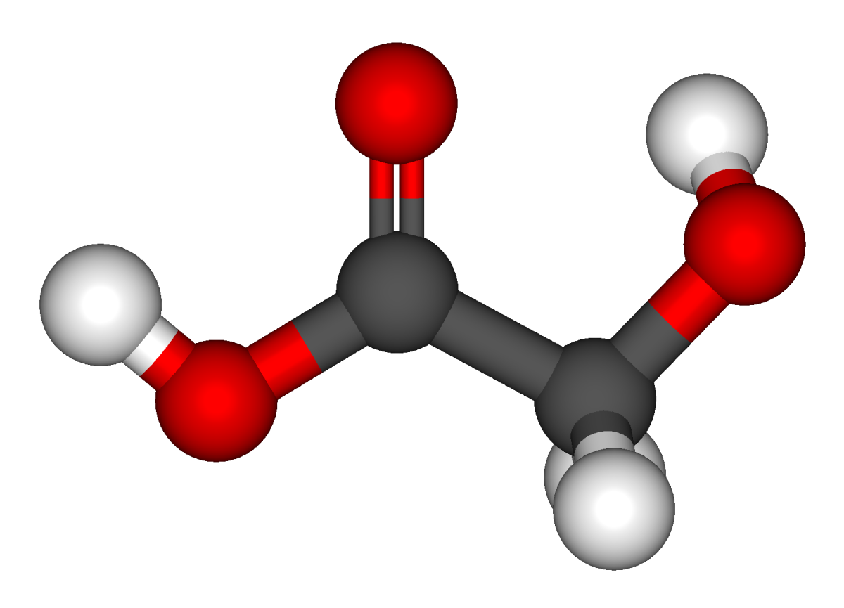 Ball-and-stick model of glycolic acid. Image via Wikimedia.