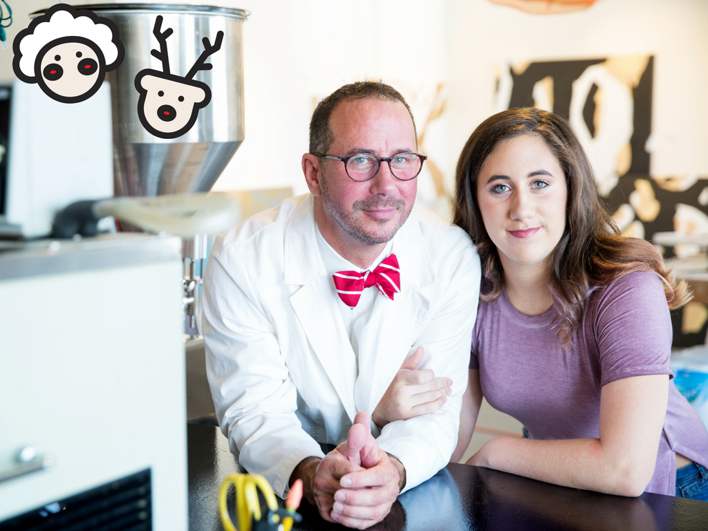 Boyce Clark and his daughter Alden in his hair care lab.