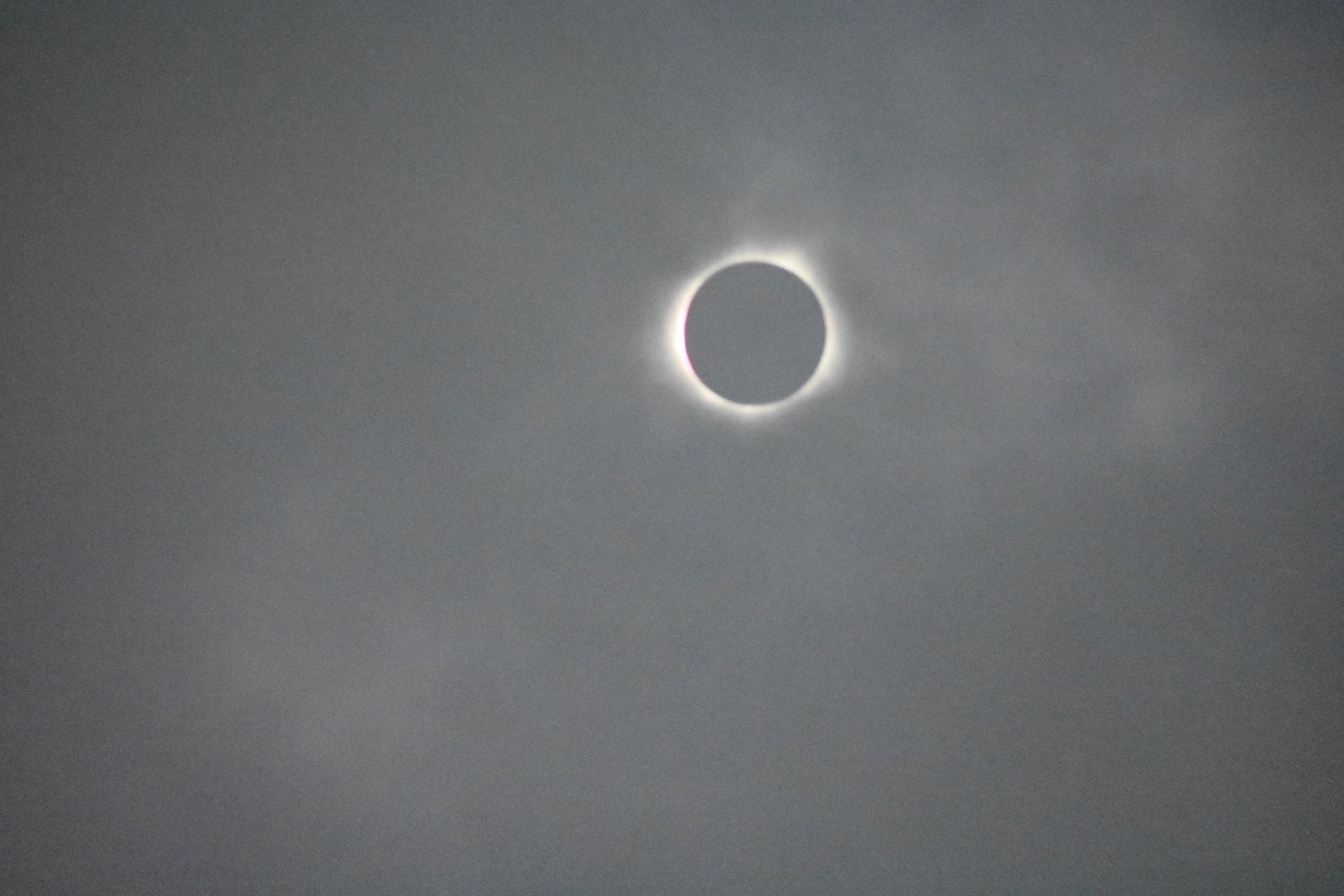 Diamond ring at the start of totality observed in Carbondale, IL. Shot with a Nikon D3400 camera. Image is gray and grainy due to the clouds. Credit: Nicki Button.