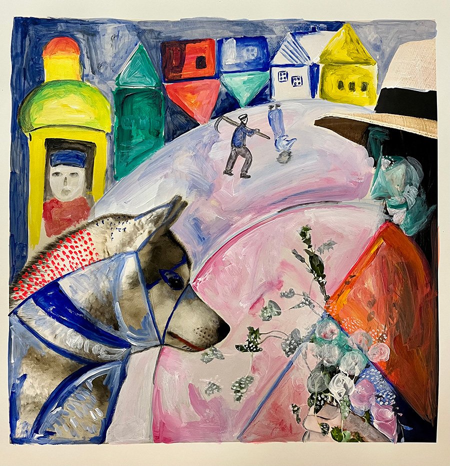   After Chagall, The Village and I,  2021, 16” x 16”, acrylic on paper 
