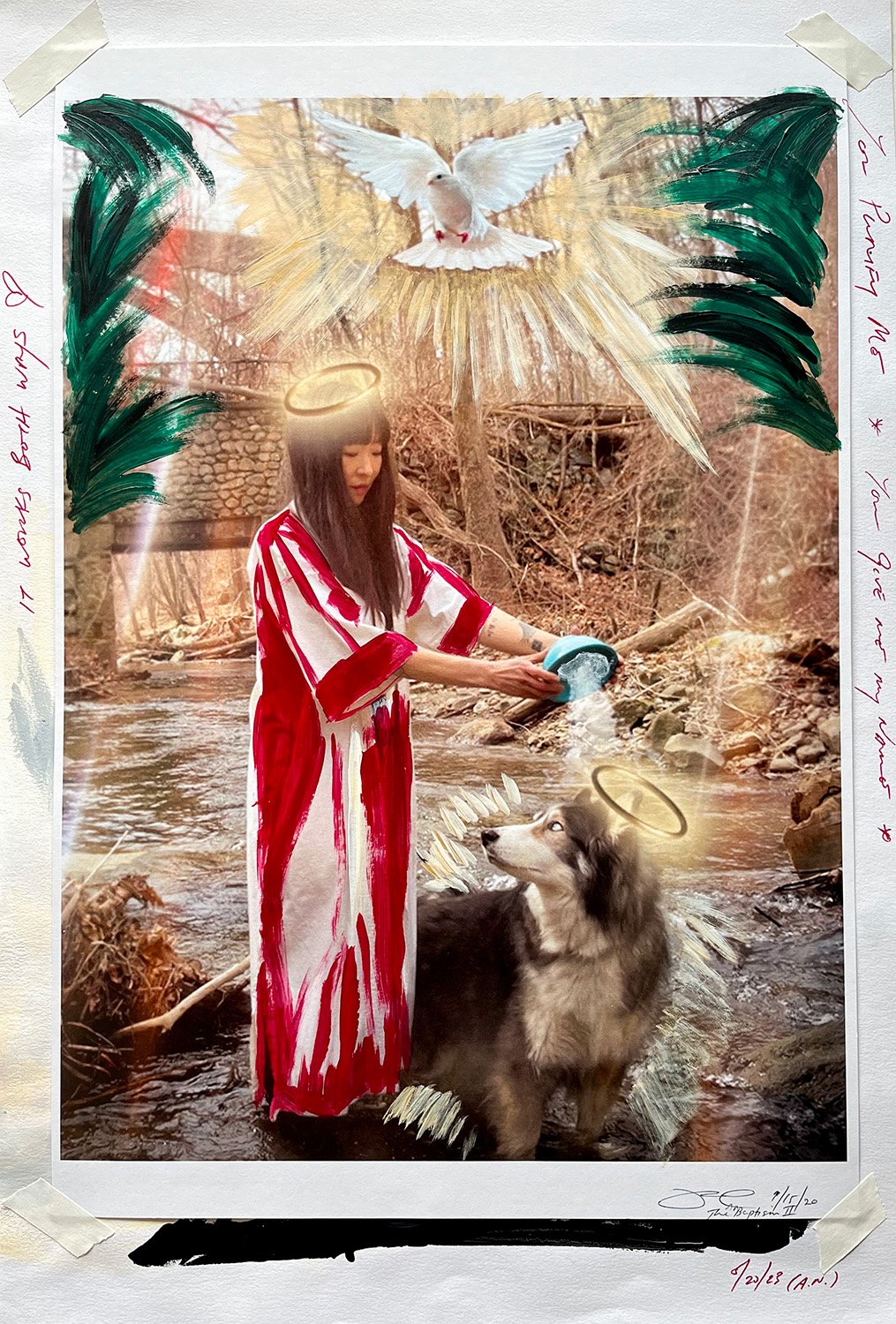   The Baptism, (It works both ways), 2020, 2023,  acrylic and water-based ink on photograph, 15” x 22” 