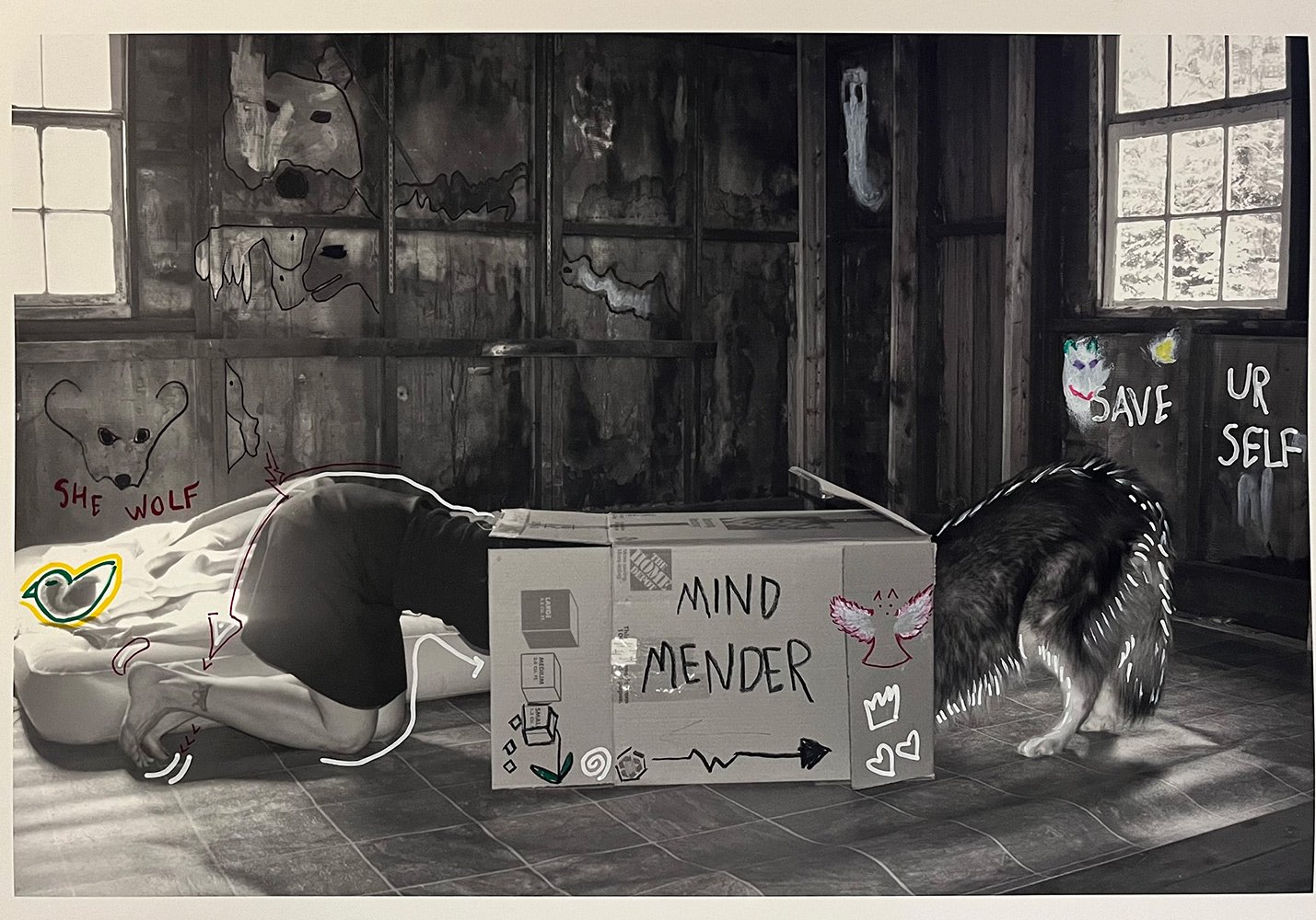   Mind Mender, 2024,  21” x 14”, acrylic, marker, ink and wax pencil on black and white pigment print 