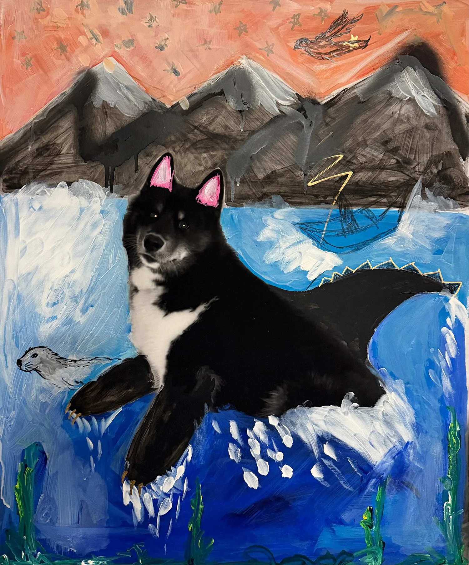 Little Orca, 2026, acrylic, spraint paint, wax pencil, paint marker, 19 3/4" x 24"