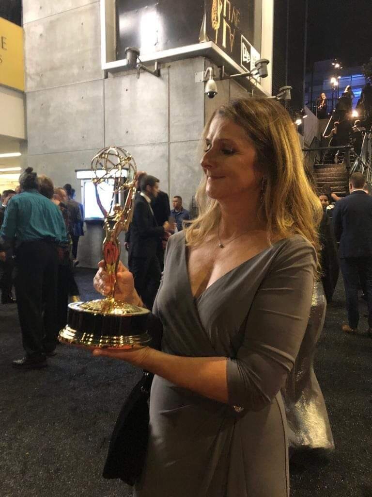 Sports Allies Board Member, Janet Smyth, with her Emmy for Emmy for Outstanding Documentary or Nonfiction Special.