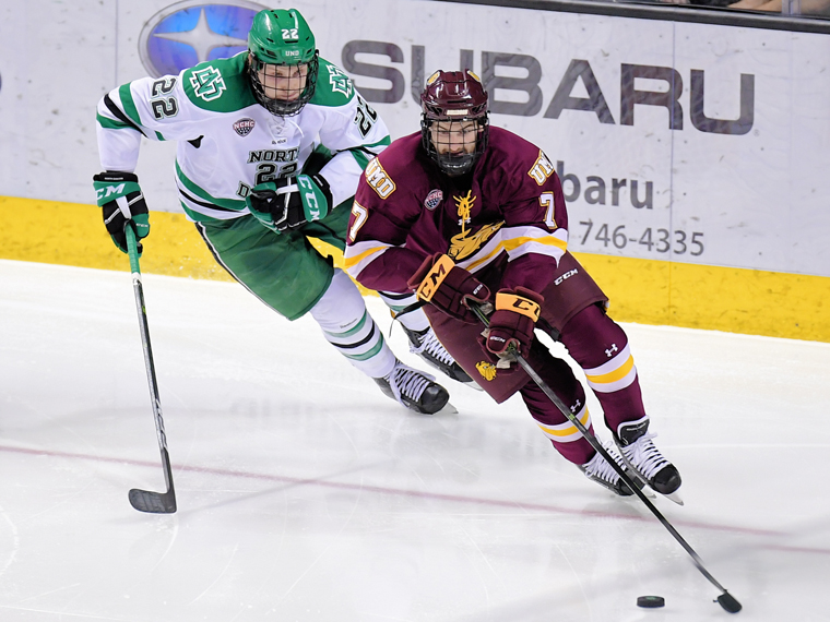 Sophomore forward Adam Johnson flies up ice against the Fighting Hawks last weekend. Picture credit: Russel Hons