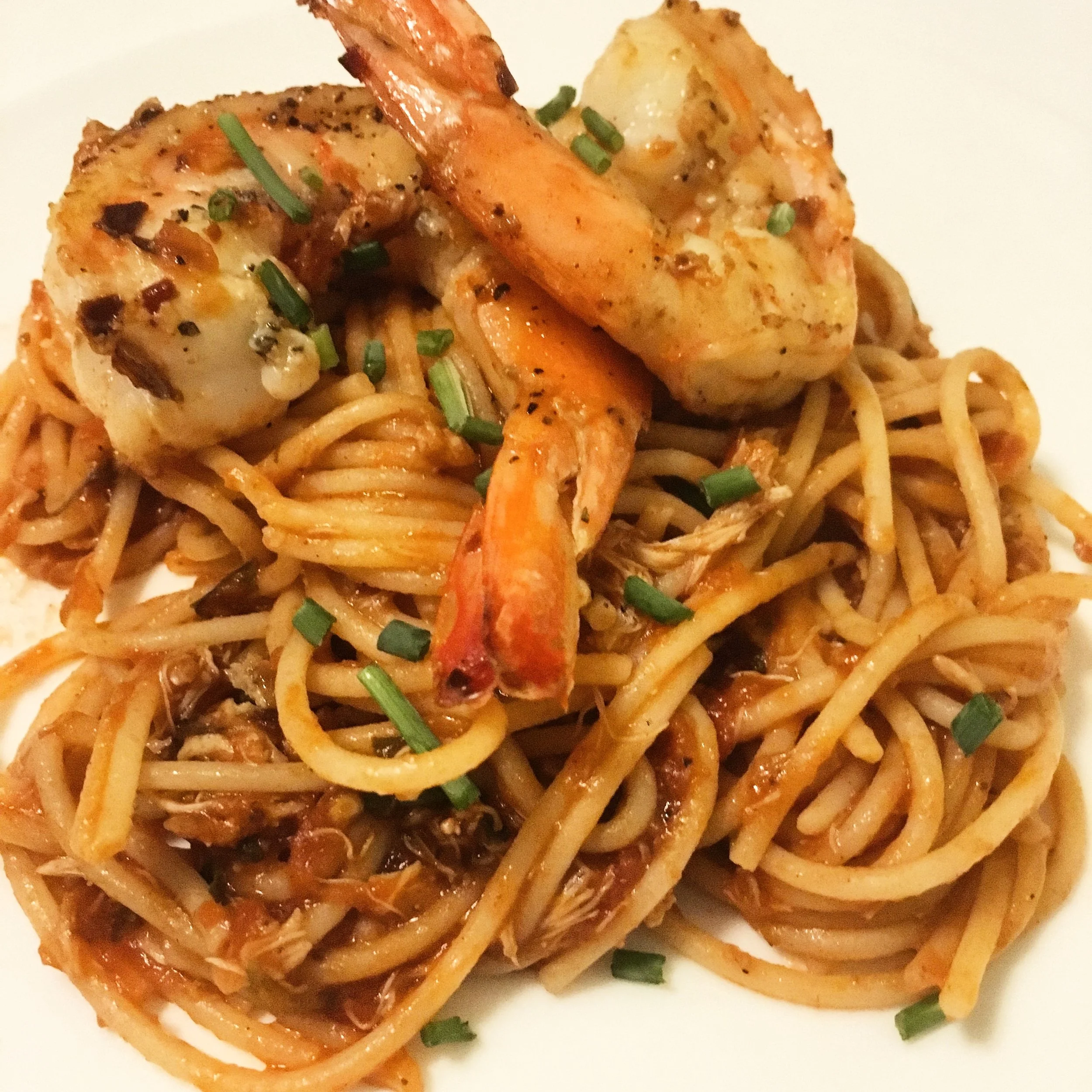 Spaghetti with Lump Crab, Gulf Shrimp, Capers and Olives