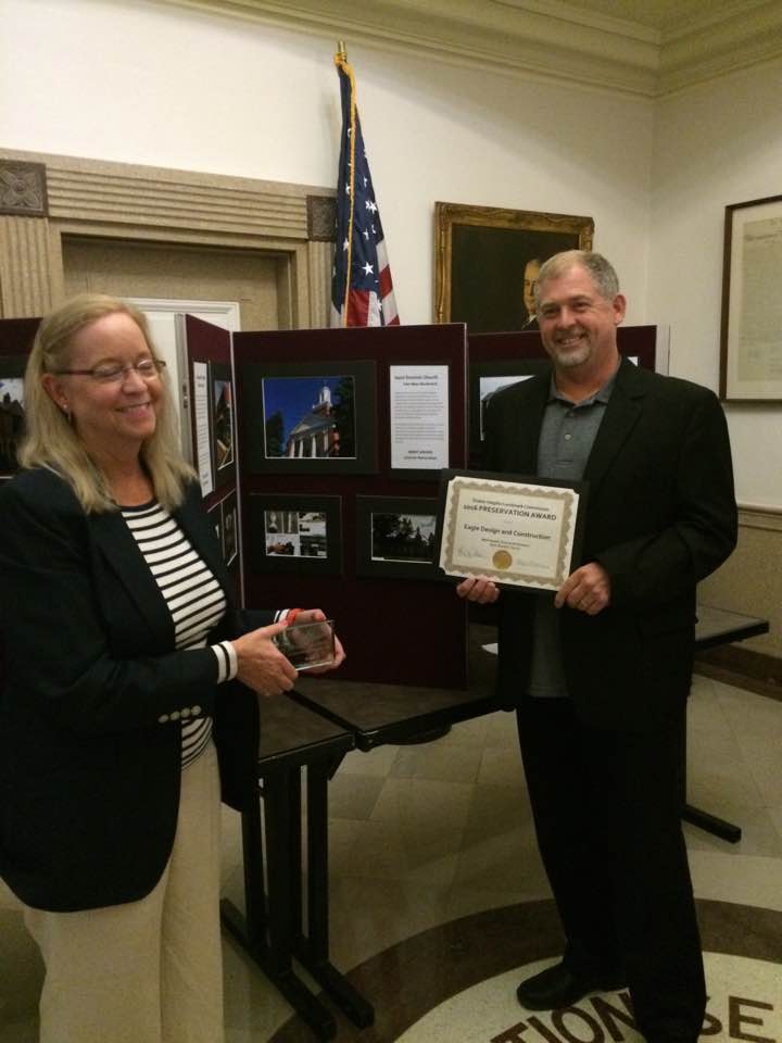 Eagle Design and Construction is the recipient of the 2016 Preservation Award from teh Shaker Heights Landmark Commission. Dan Garry gives a big thanks to the Saint Dominic Church for choosing Eagle Design for their steeple restoration project! 
