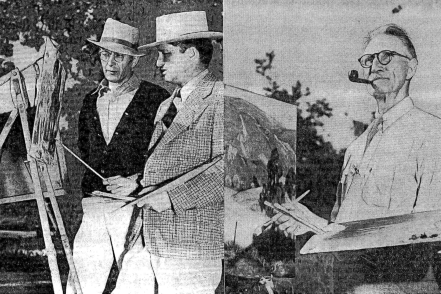  Artists Cornelis Botke, Douglas Shively, and R.P. Smith prepare for the first Santa Paula Art Show in 1937. 