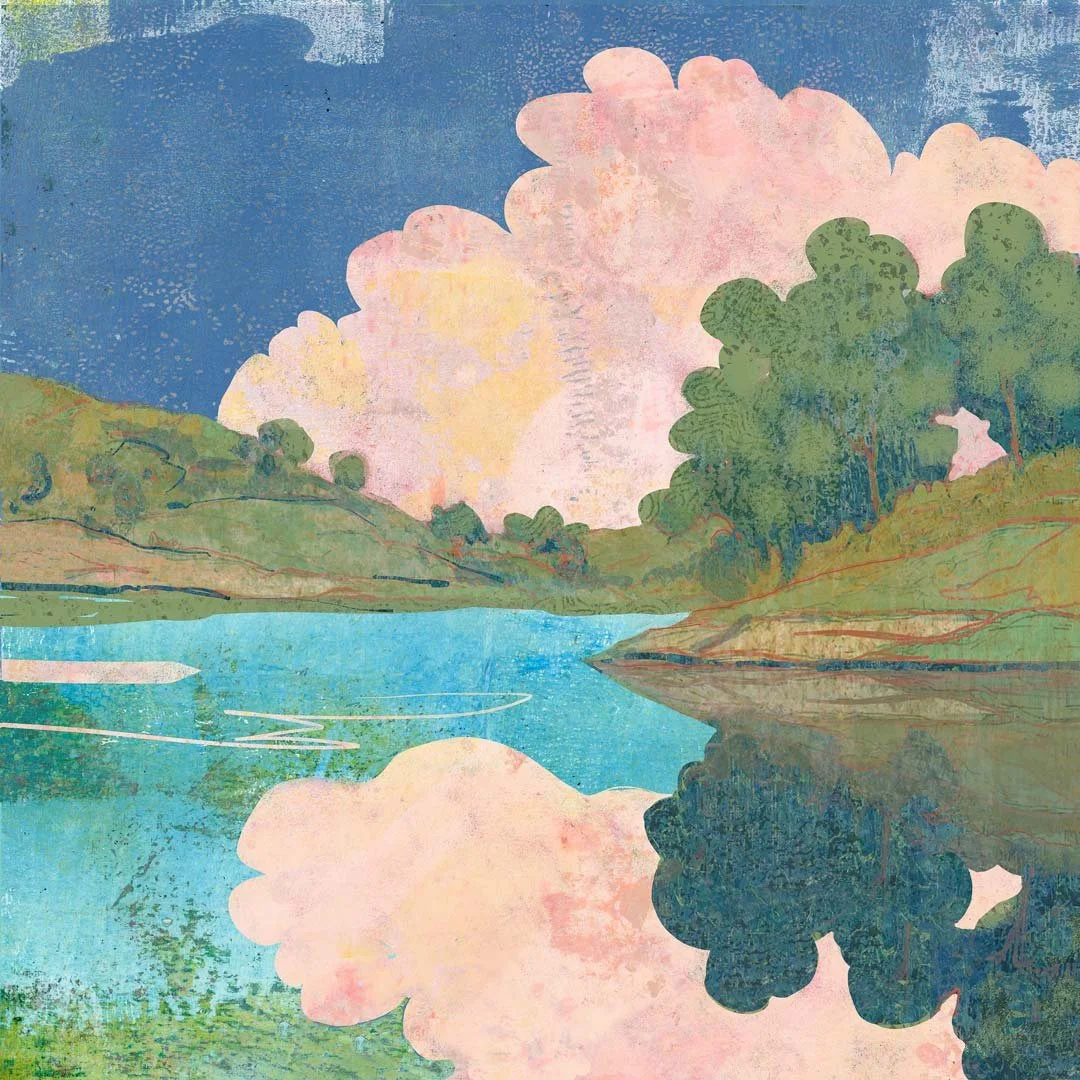 Abstract landscape di of a calm blue lake bordered by rolling green hills and trees beneath large soft pink clouds, with the clouds and trees reflected in the water. The image features layered textures and pastel tones in blue, green, and blush pink.
