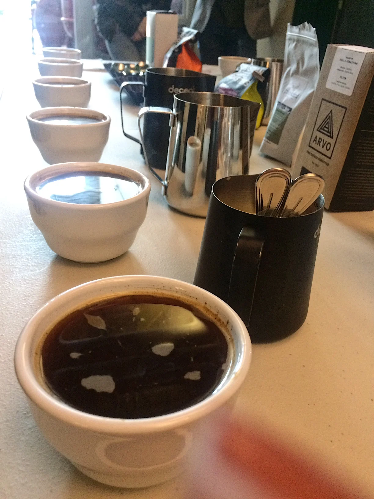 My first coffee cupping. Roasters: The sometimes exotic Phil and Sebastian, interesting Counter Culture Coffee, delicious Transcend Coffee and strong April Coffee