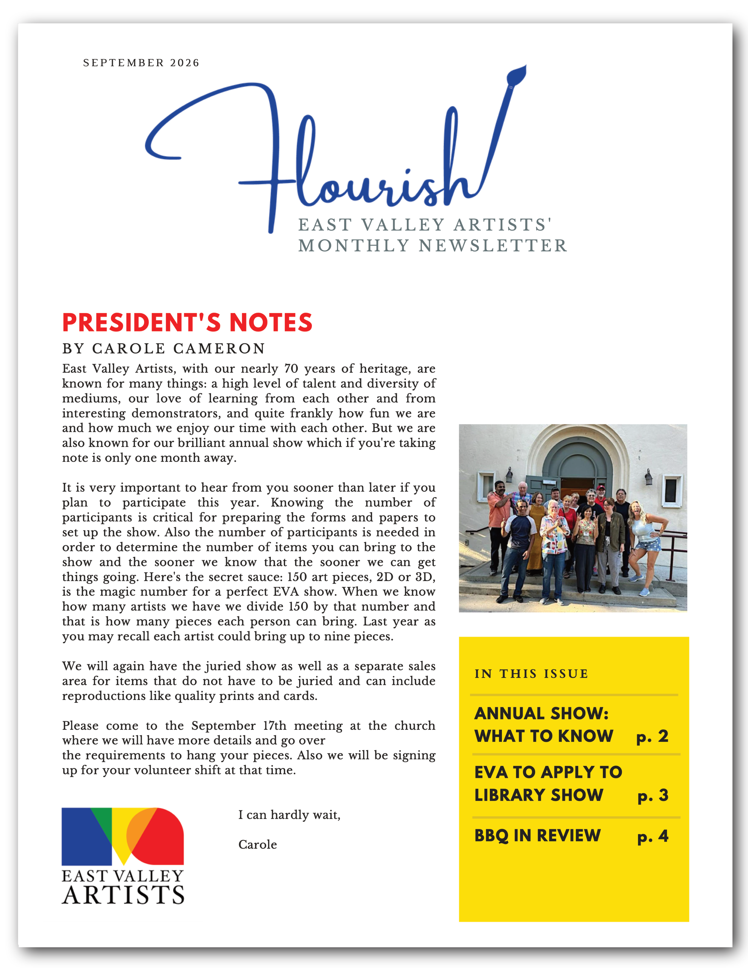an image of the first page of the september 2026 issue of Flourish, East valley artists' monthly newsletter