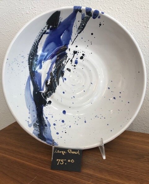 Elegant large white bowl with blue &amp; black splashes