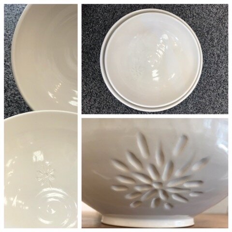 SOLD-Two classic White Etched bowls with elegant simplicity
