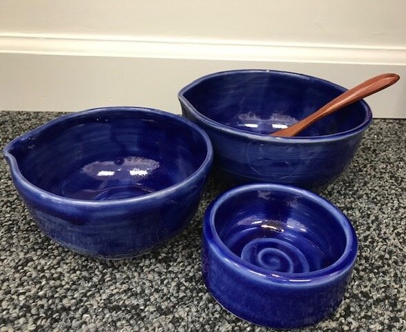 Two blue pour bowls &amp; salt crock.  (Copy)