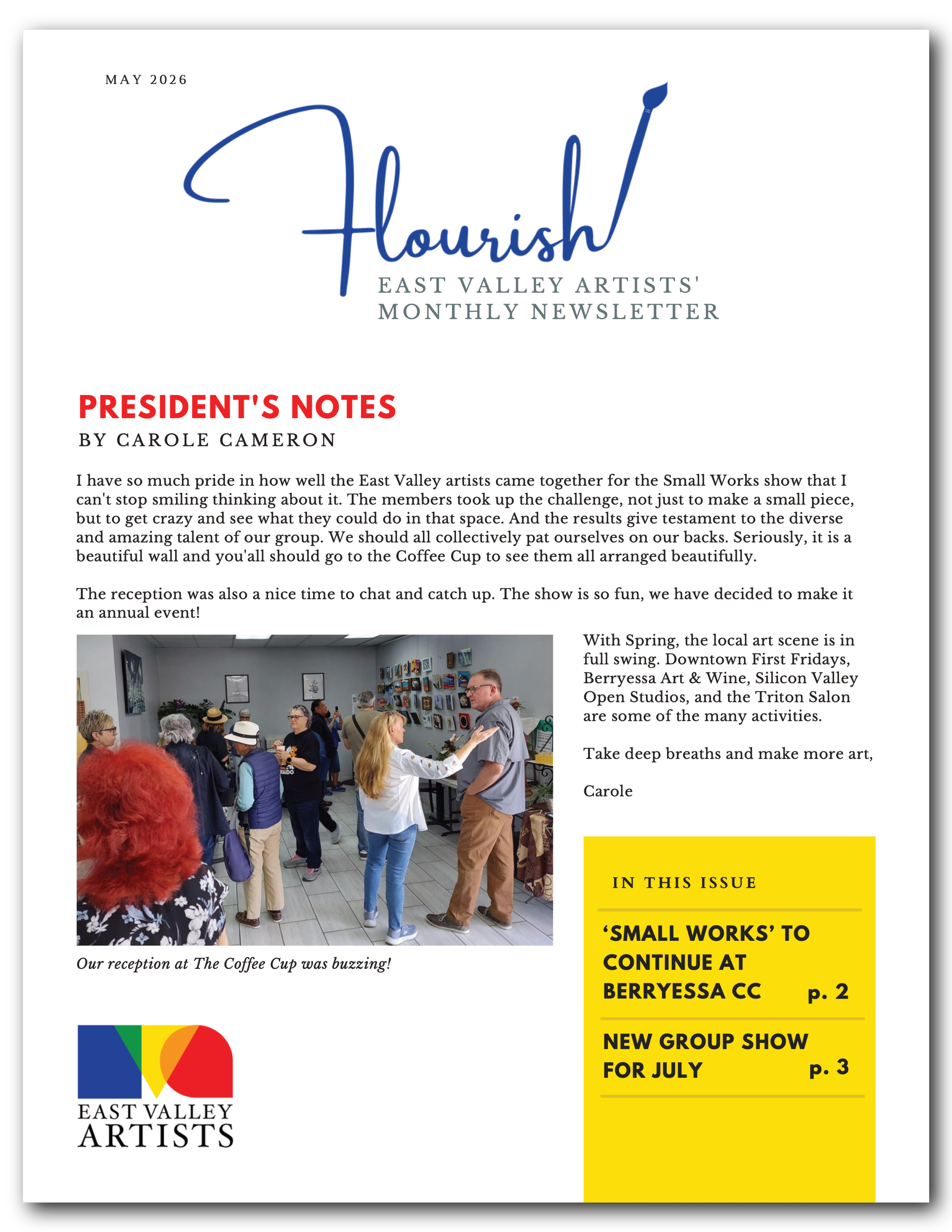 an image of the first page of the May 2026 issue of Flourish, East Valley Artists' monthly newsletter