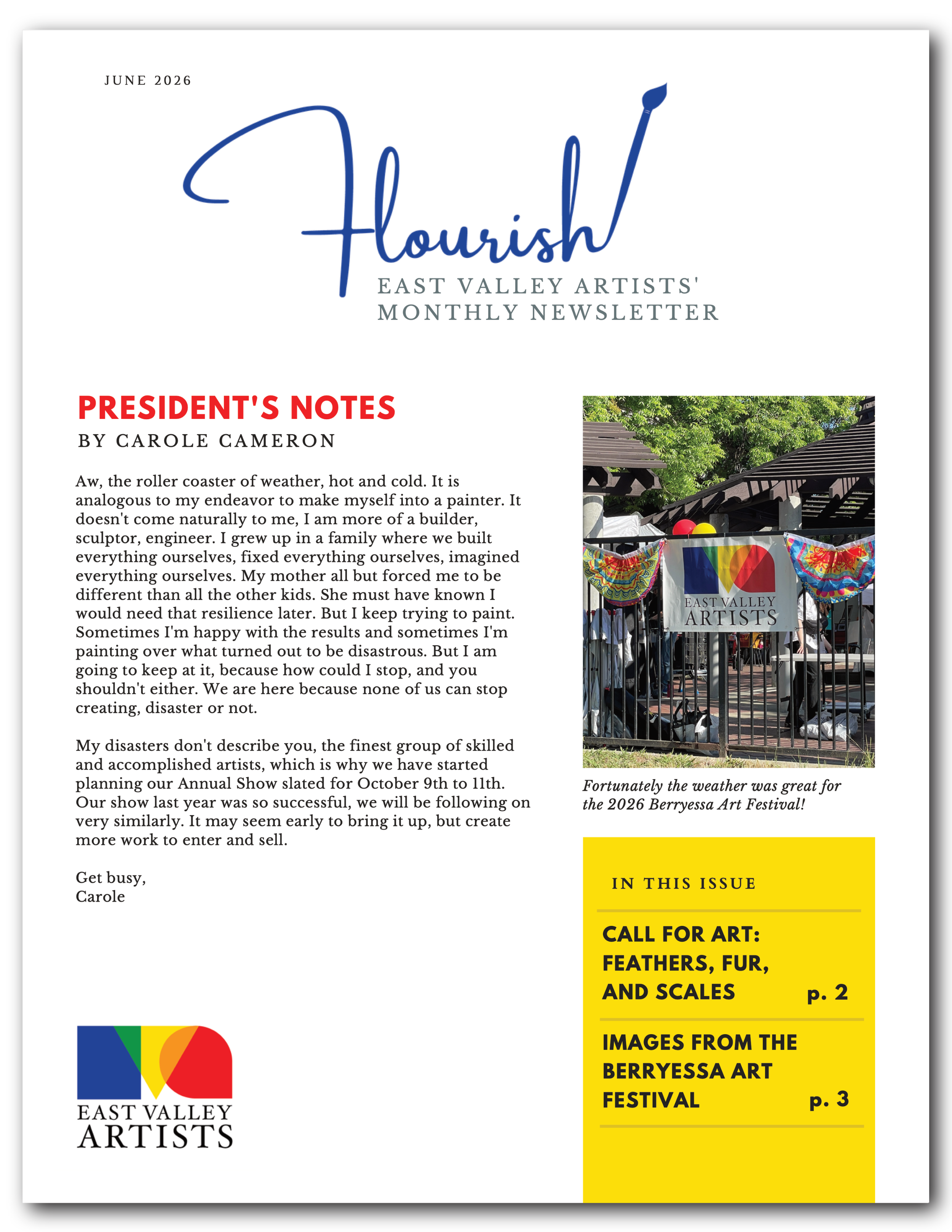an image of the first page of the June 2026 issue of Flourish, East Valley Artists' monthly newsletter