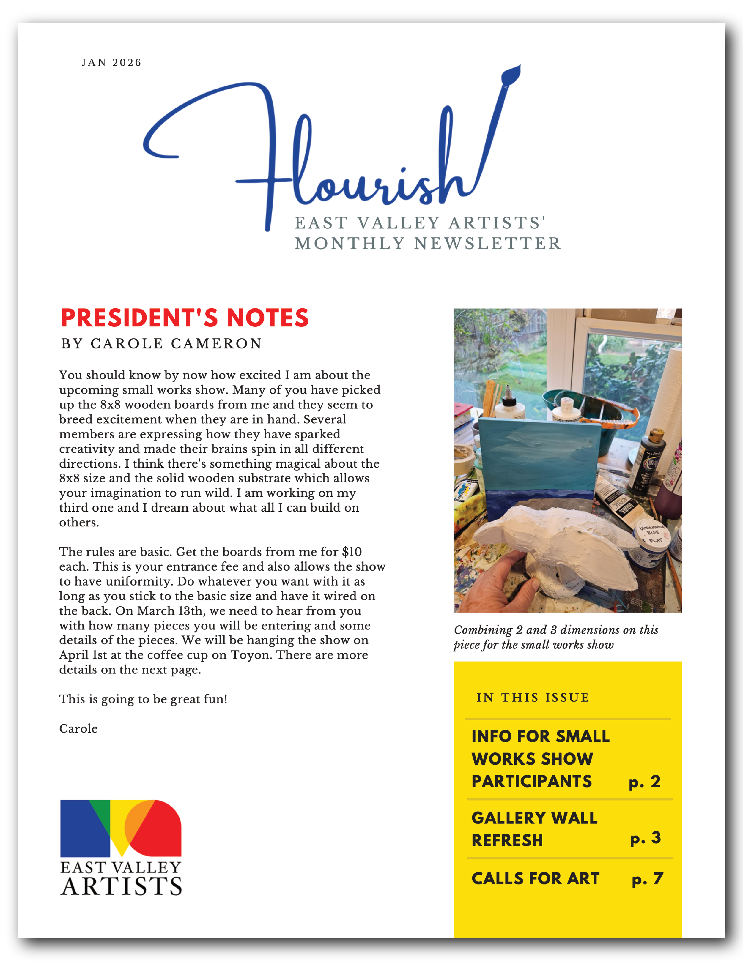 the first page of the February 2026 issue of Flourish, East Valley Artists' monthly newsletter